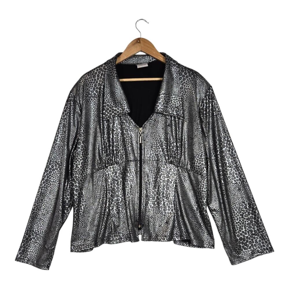 Vintage Y2K Artex Fashions Dot Print Zip Jacket 2X Silver Black Stretch Canada